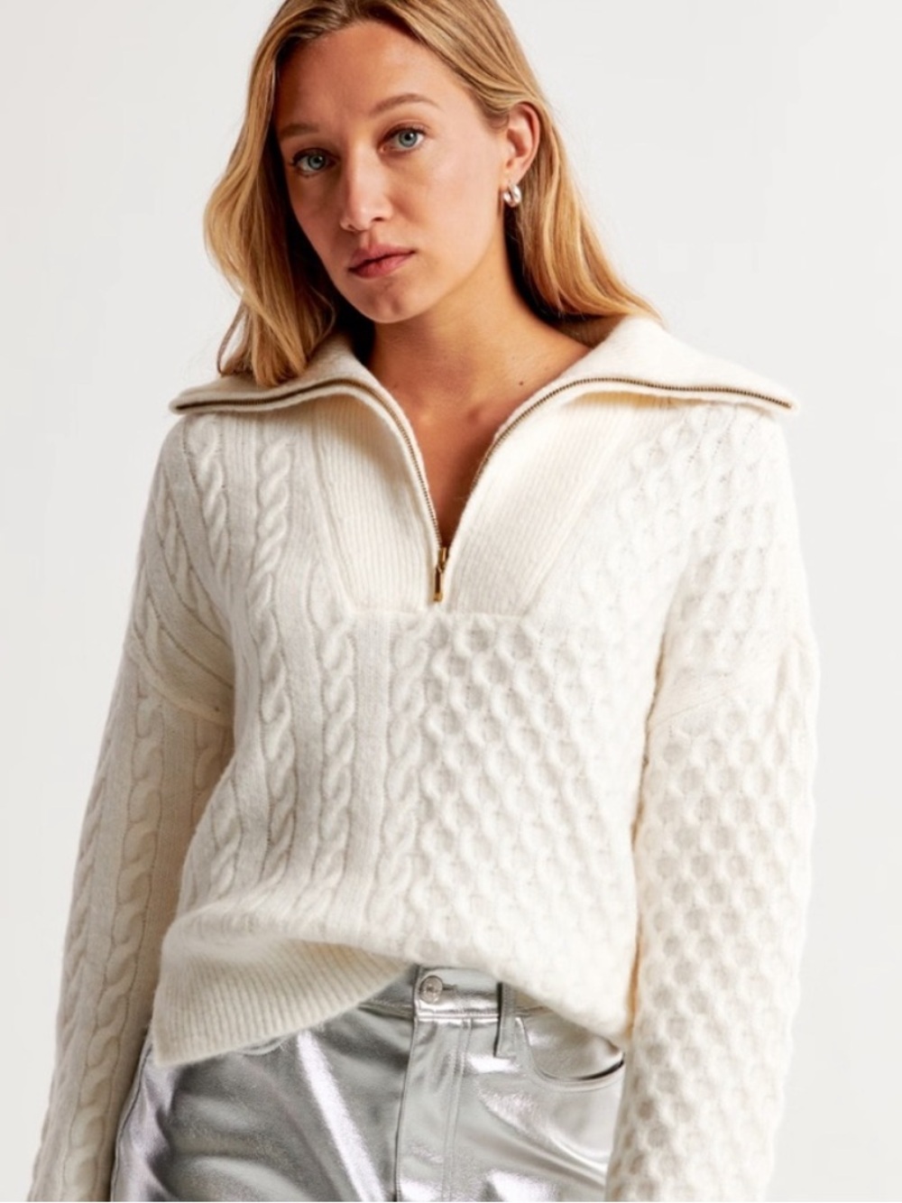 Abercrombie & Fitch Cable Half Zip Pullover Sweater Cream Size Medium